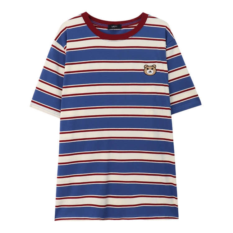 Áo thun SUXI ngắn tay dáng rộng kẻ sọc thêu họa tiết xinh xắn dễ phối đồ cho nữ