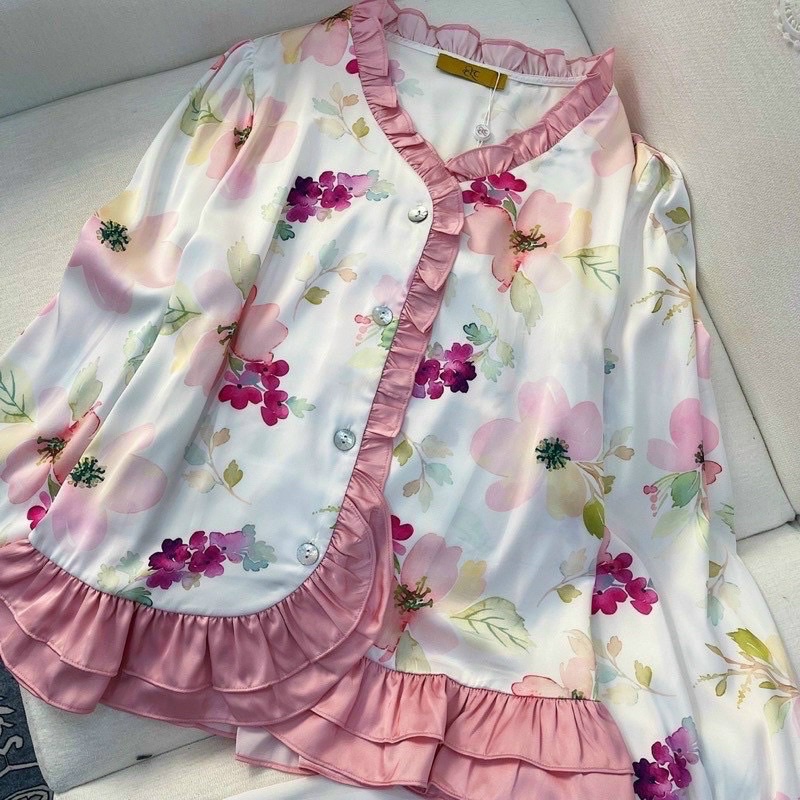 pijama lụa cao cấp Quảng Châu tay dài cổ bèo