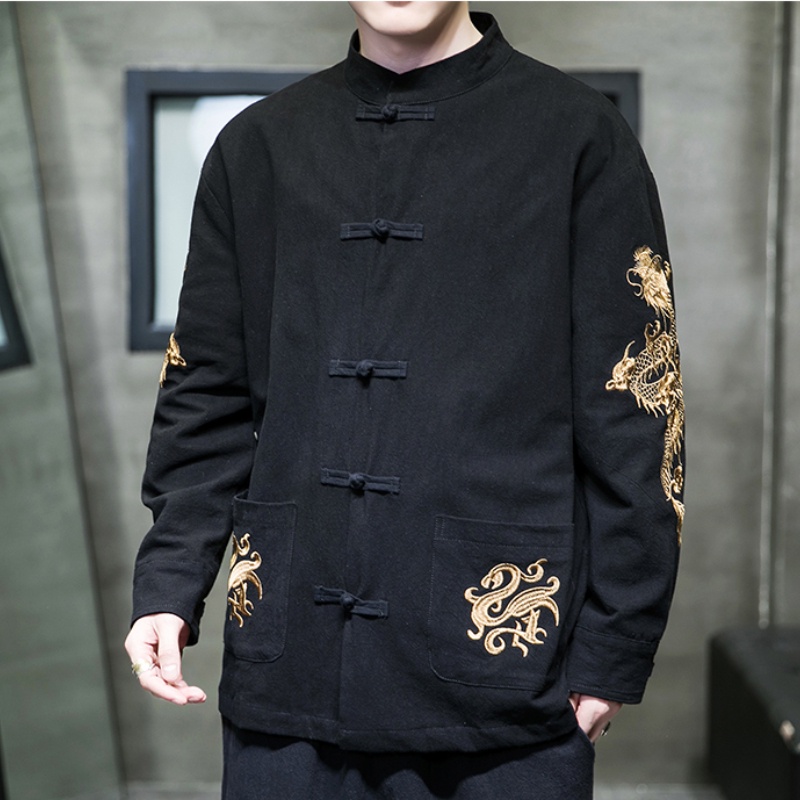 Áo Khoác Cotton Lanh Thêu Hình Rồng Vàng Phong Cách Retro Trung Hoa Cho Nam