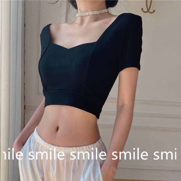 Áo Thun Lửng Cổ Vuông Hở Rốn Cài Nút Eo Cao Cổ Điển Mùa Hè Cho Nữ