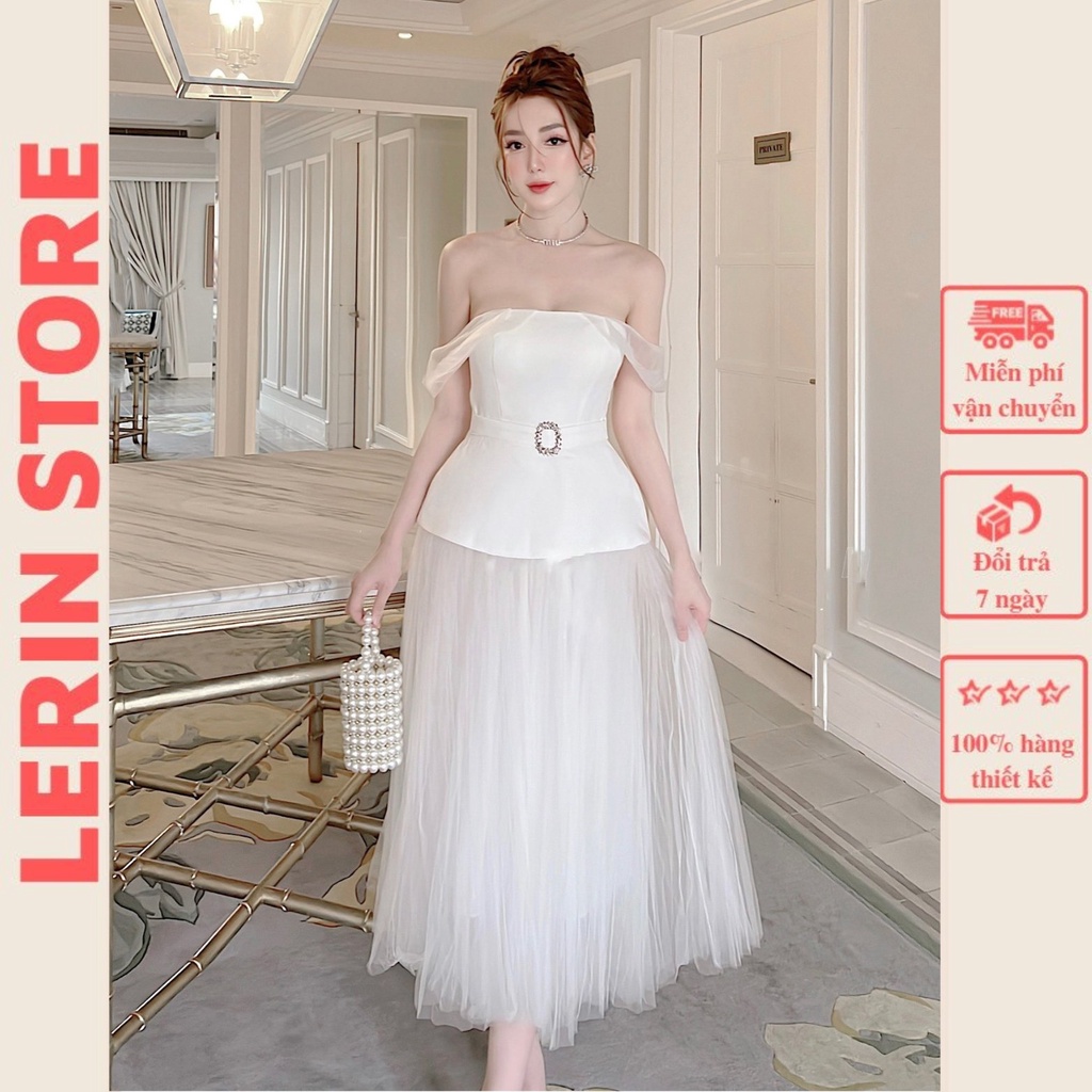 Đầm Thiết Kế Cao Cấp Trễ Vai Dáng Xòe Công Chúa Đen Trắng _LerinV309