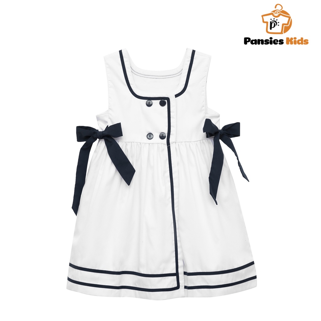 VÁY BÉ GÁI ĐẦM KIỂU LÍNH THỦY PHỐI NƠ EO, CỔ VUÔNG KIỂU CỔ ĐIỂN CHÂU ÂU VẢI COTTON CAO CẤP TỪ 1 ĐẾN 10 TUỔI PANSIES KIDS