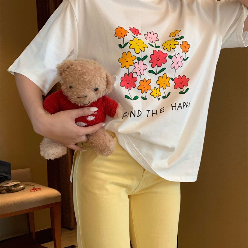 IELGY   Áo Thun Tay Ngắn In Hình Hoa Dễ Thương Dành Cho Nữ