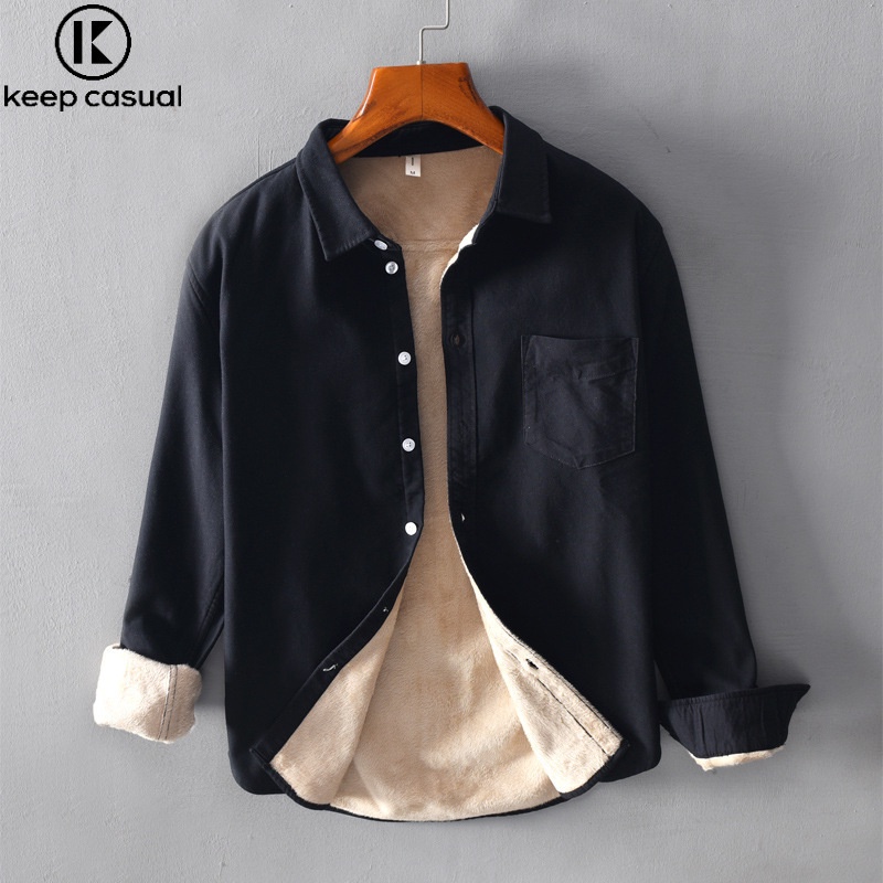 Keep < Factory Bán Trực Tiếp Từ Nhà Máy Áo Khoác Sơ Mi Nam Tay Dài Lót Lông Cừu Dày Màu Trơn Giữ Ấm Mùa Thu Đông Nhật Bản Đơn Giản