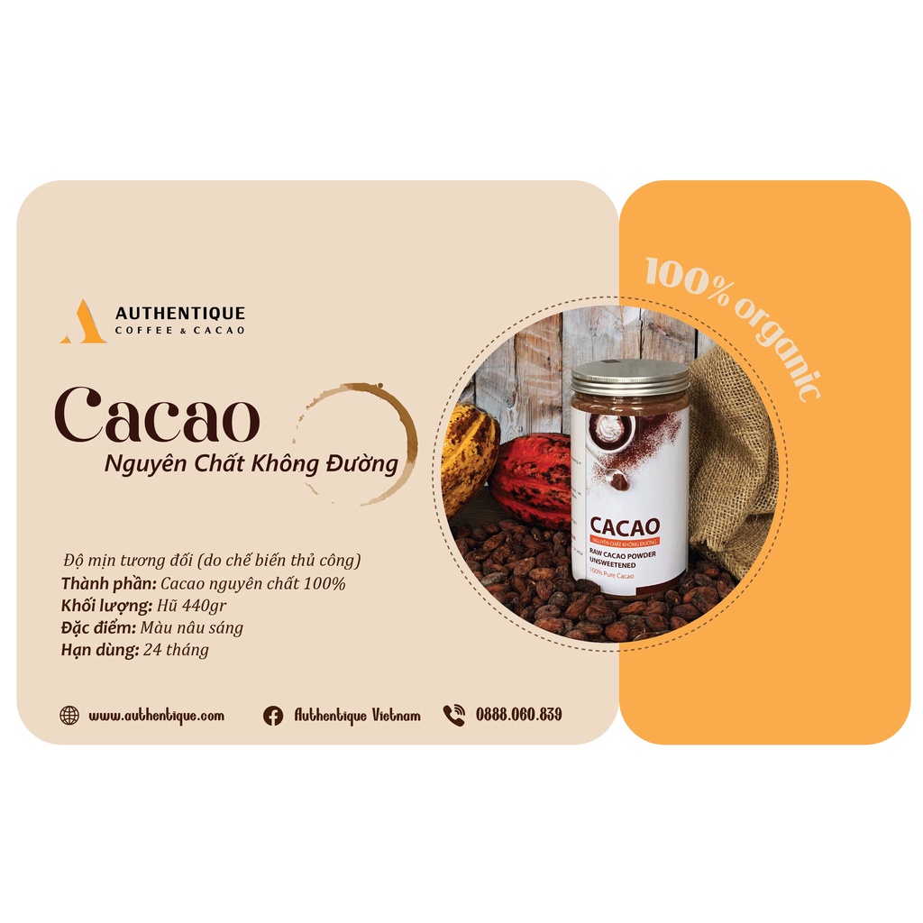 Bột Cacao Nguyên chất Không đường - Hũ 440gr - Hỗ trợ đẹp da, giữ dáng | Authentique Cacao