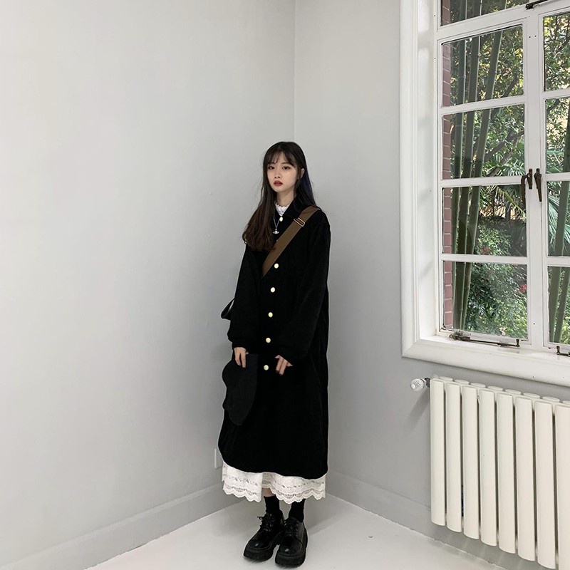 Áo khoác dáng dài mix chân váy ren hoa Ulzzang