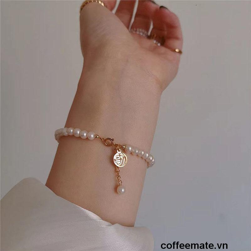 【coffeemate】⚡Vòng tay đính hạt ngọc trai may mắn, lắc chuỗi đeo tay phong cách Trung Hoa cho nữ