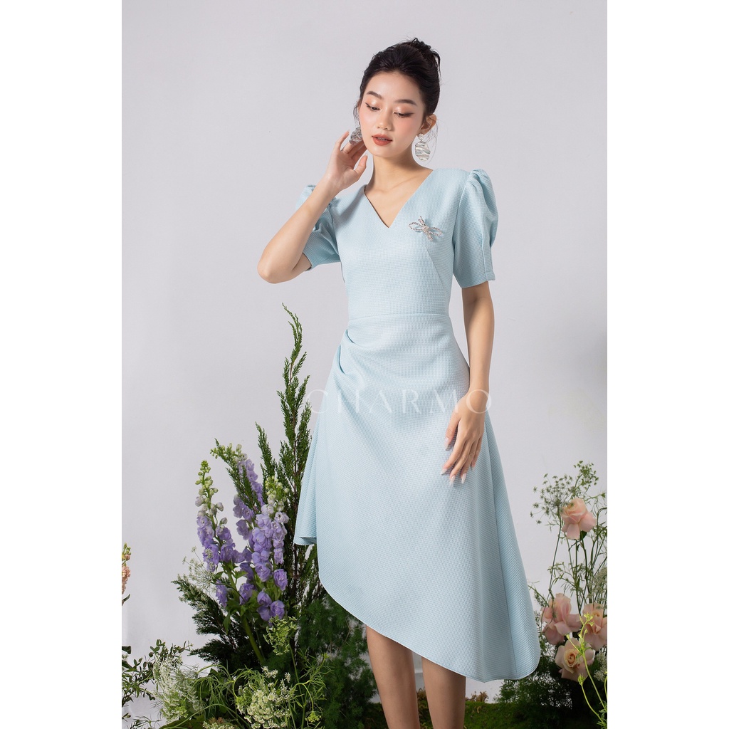 Đầm thiết kế CHARMO cổ V tà xéo tay phồng vải cotton bố Vneck Drawstring Dress