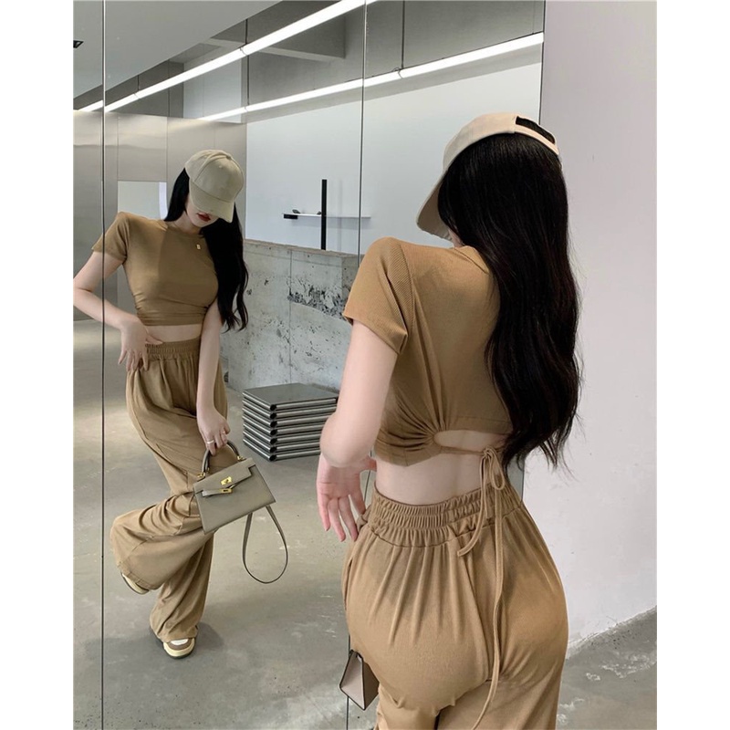 Bộ Áo Croptop Nữ Kèm Quần Culottes Ống Rộng Chất Thun Gân 2 Màu QM|SU