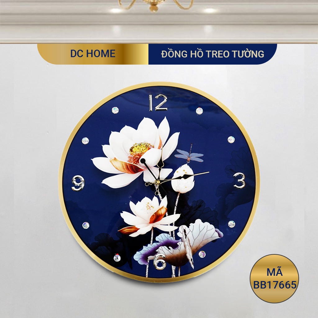 Đồng hồ treo tường họa tiết hoa sen đính đá pha lê- Đồng hồ trang trí kim trôi sang trọng size 40x40 mã BB17665