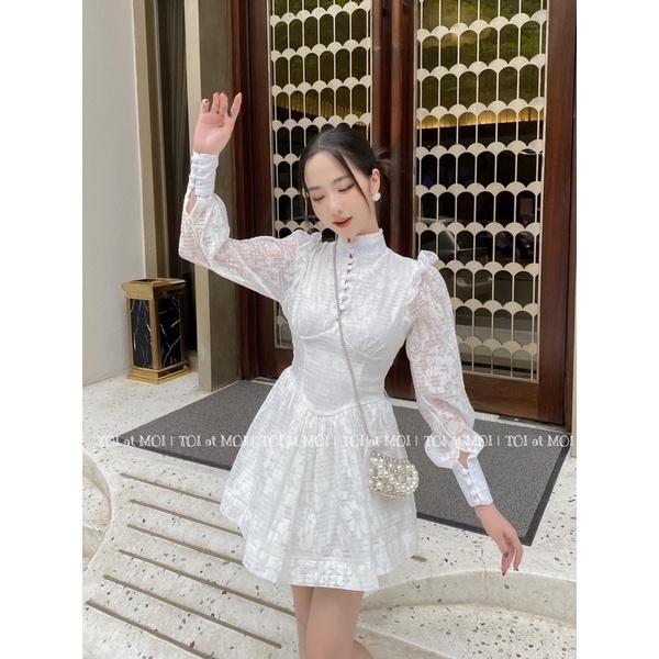Váy Trắng Xoè Tay Dài Tiểu Thư Viền Bèo Cúc Bọc Hàng 2 Lớp (Loại 1) Đầm Trắng Dáng Xoè Tiểu Thư