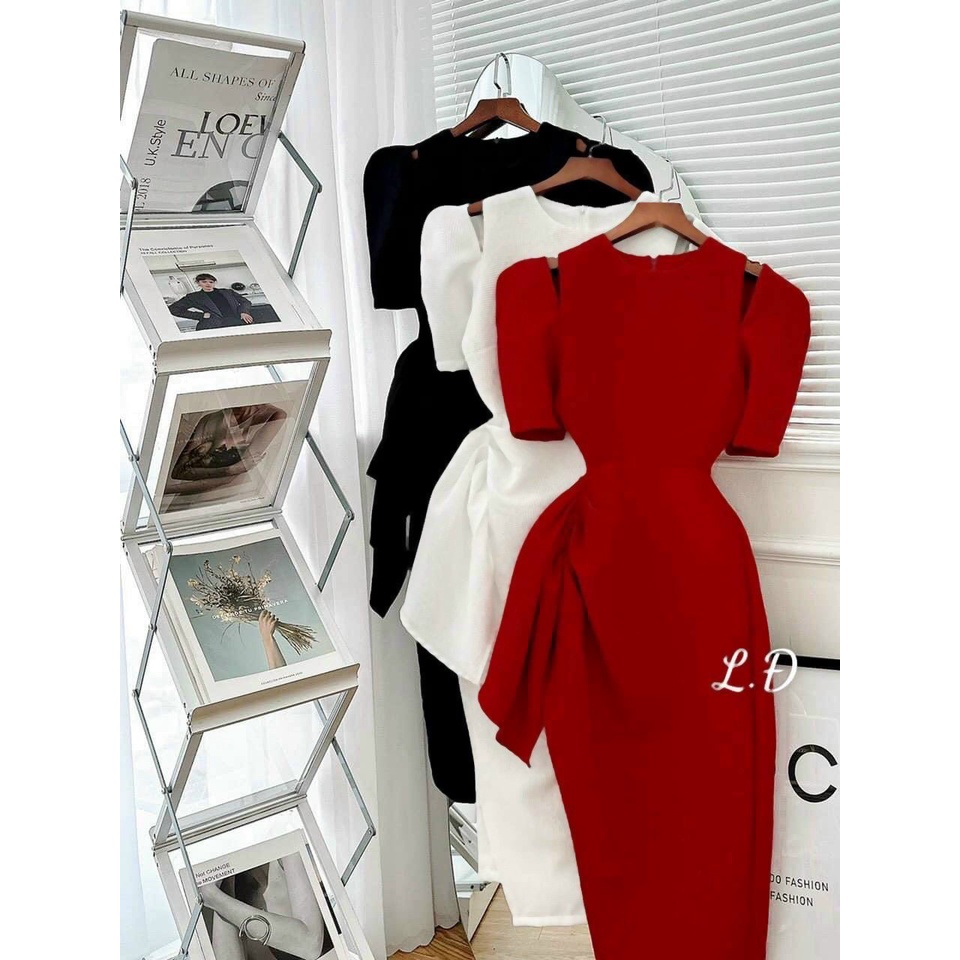 Đầm váy nữ thanh lịch cổ tròn hở vai quyến dũ họa tiết quây chéo xòe bèo eo 3 màu xinh sắn quý phái dự tiệc, đi chơi