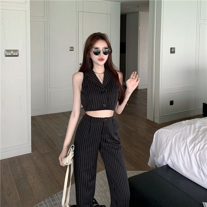 Set áo sơ mi croptop+ quần cạp cao ống suông kẻ sọc - Hàng Quảng Châu