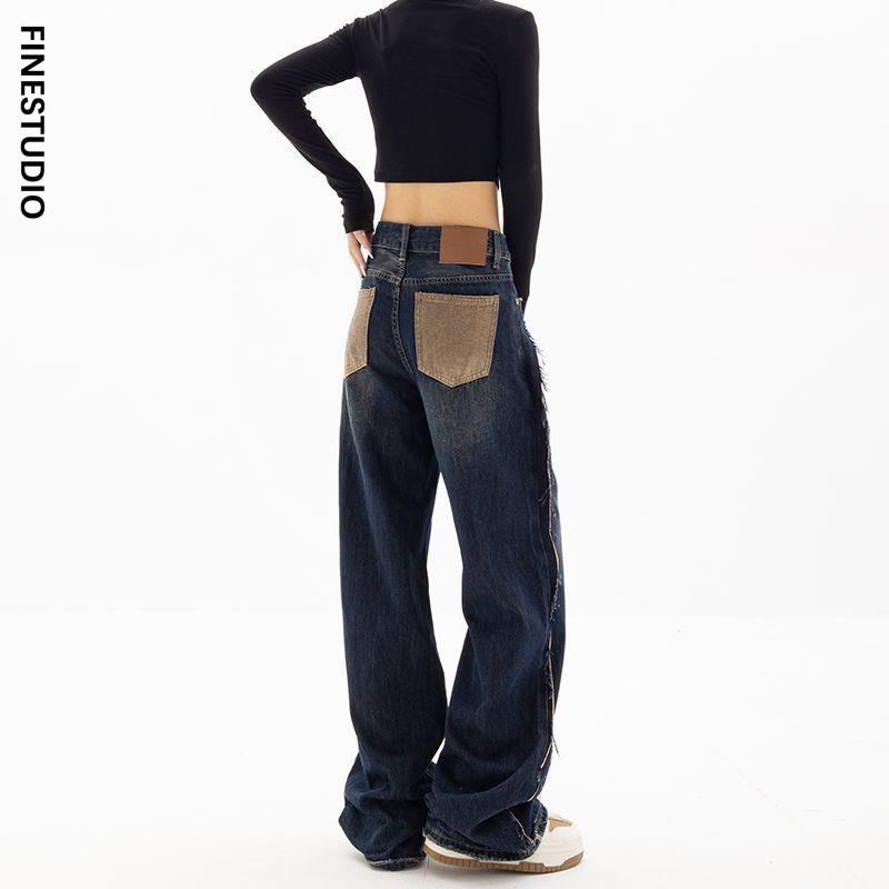 Quần Jean Dài Lưng Cao Ống Rộng Phối Túi Thời Trang Thu Đông 2022 Mới Phong Cách Hàn Quốc Cho Nữ