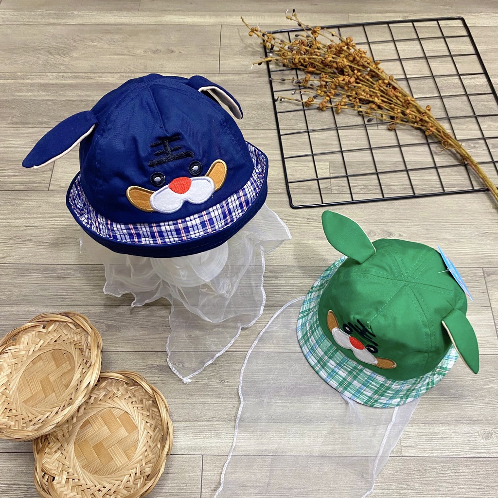 Nón tai bèo thêu hình cún có voan che bụi cho bé siêu cưng - NN31