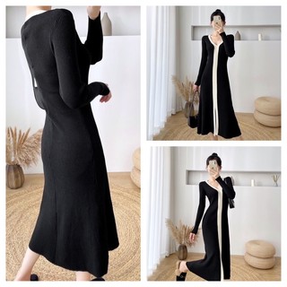 HM5 - Đầm len dáng A phối cổ trắng xẻ trước