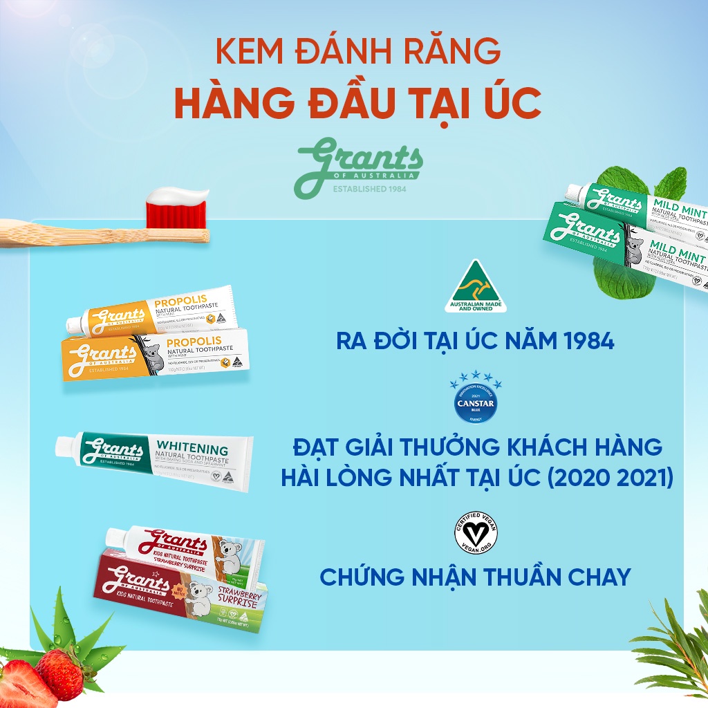 Kem Đánh Răng Thảo Dược GRANTS Tràm Trà Bạc Hà Dùng Cho Cả Gia Đình, Giảm Ê Buốt Hơi Thở Thơm Mát Tuýp 110g