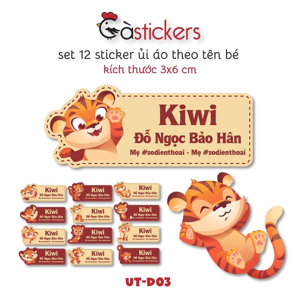 Sticker ủi áo in tên trẻ em GaStickers UT-D03- bộ 12 miếng kích thước 3 x 6 cm