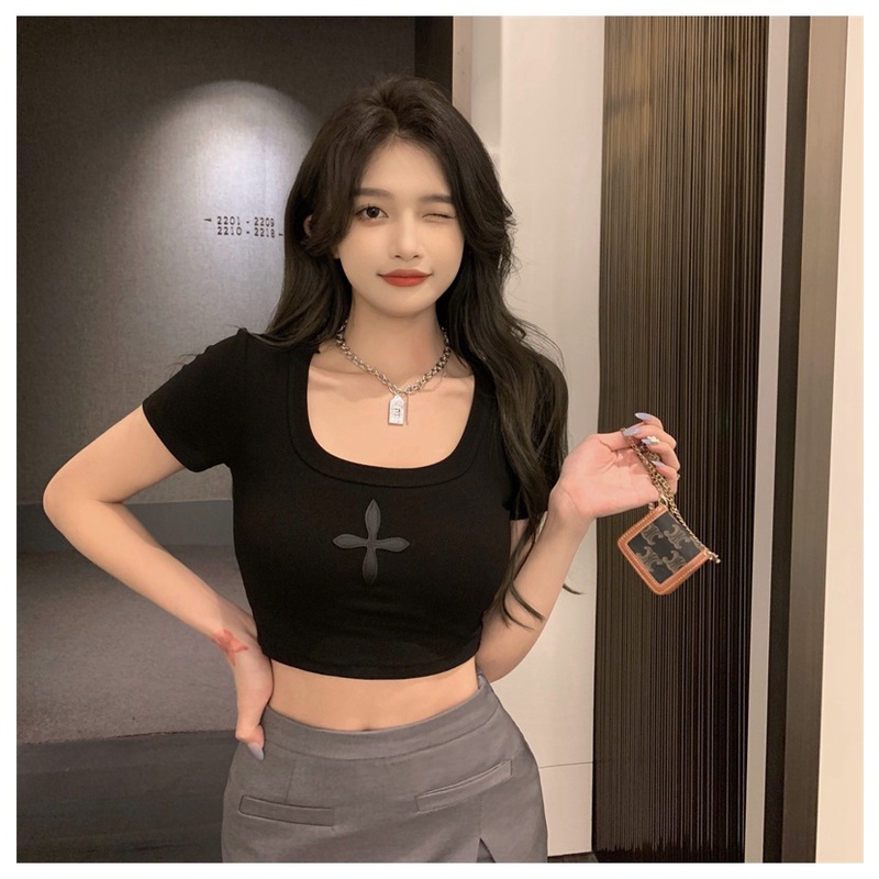 Áo Thun Lửng Ngắn Tay Cổ Chữ U Gợi Cảm Cho Nữ