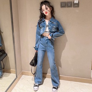 Bộ áo khoác jeans lửng + quần jeans denim thời trang mùa xuân cho bé gái