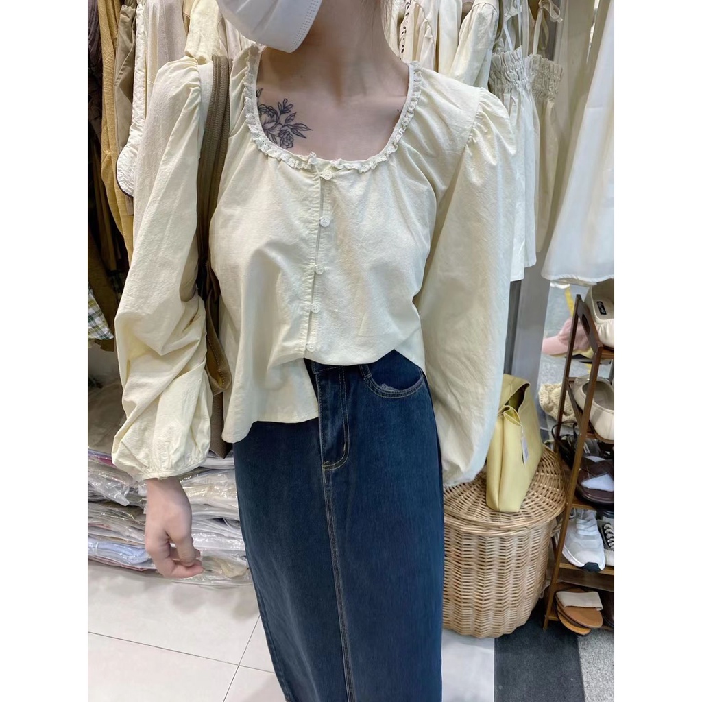 Áo Sơ Mi Cổ Chữ U Tay Dài Phối Ren Thời Trang Mùa Thu Phong Cách Hàn Quốc 2023