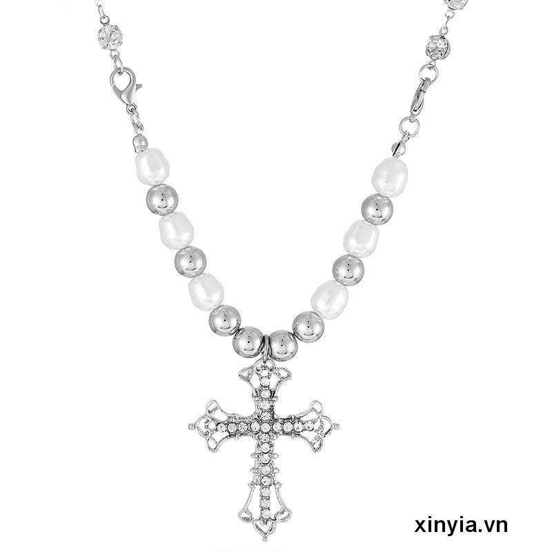 Vòng cổ Mặt Chữ Thập Đính Ngọc Trai Phong Cách hip hop Dành Cho Nam Nữ