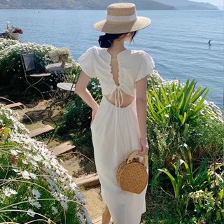 (Order) Đầm maxi váy maxi trắng tay bồng hở lưng đi biển sexy