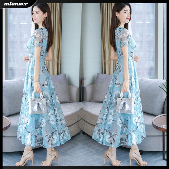 Đầm Dài Tay Ngắn Họa Tiết Hoa Thời Trang Mùa Hè Cho Nữ