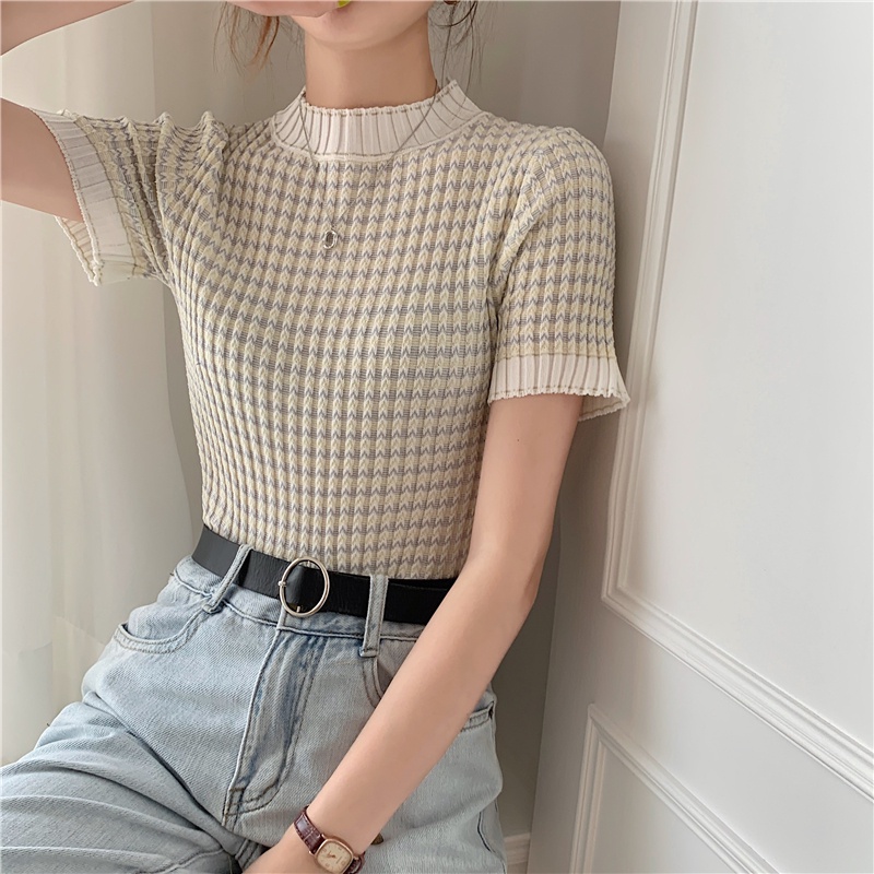 SUXI Áo Dệt Kim Mỏng Tay Ngắn Cổ Tròn Dáng Ôm Thời Trang Mùa Hè Cho Nữ