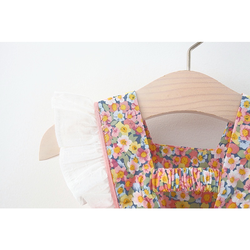 Đầm công chúa hai dây vải cotton in hoa đính nơ thời trang mùa hè xinh xắn dành cho bé gái
