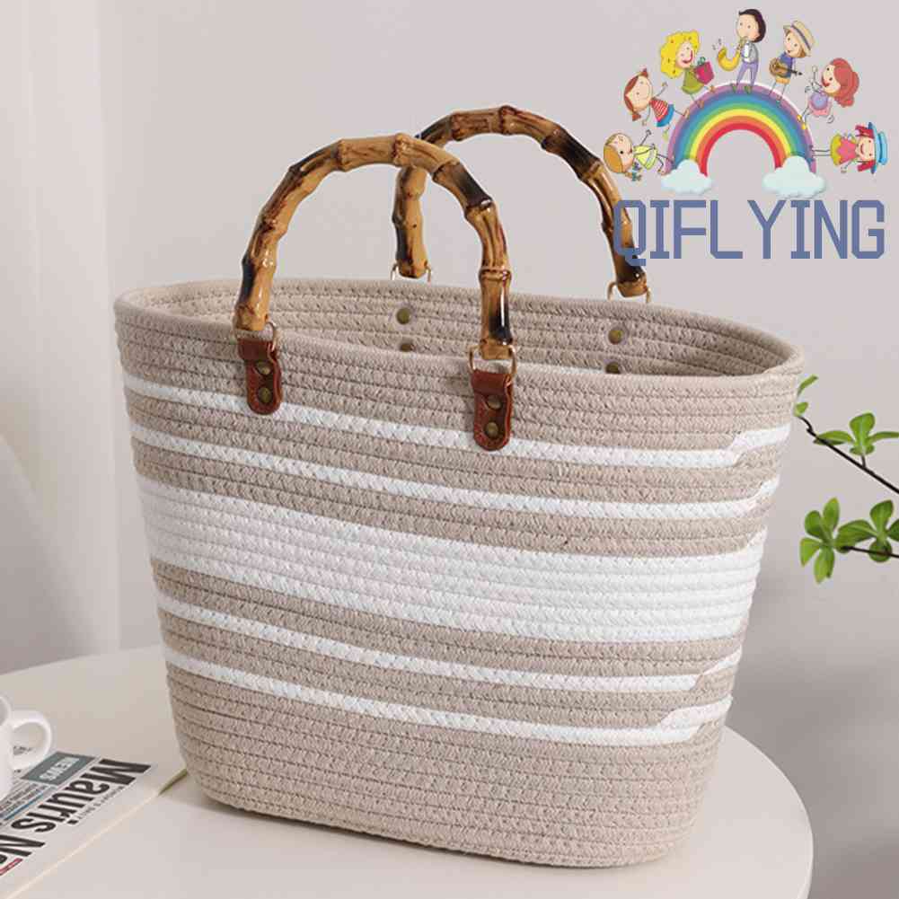 Túi Tote Cotton Dệt Sọc Tre Tay Cầm Tre Thời Trang Đi Biển