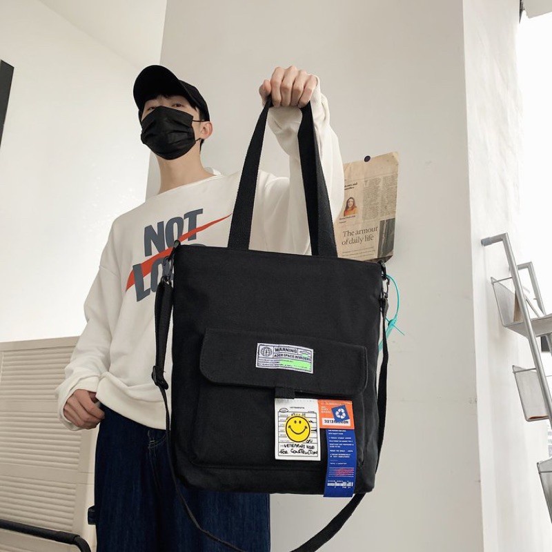 Túi đeo chéo canvas LABER LEE màu trơn đơn giản phong cách Hàn Quốc