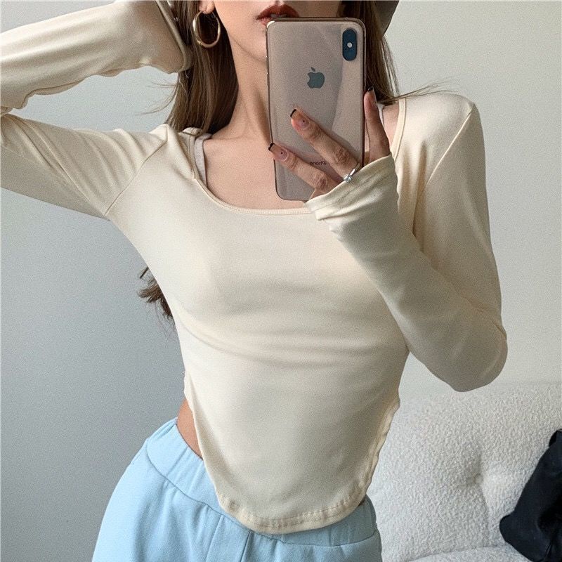 Áo thun COZOKC tay dài màu trơn đơn giản thời trang