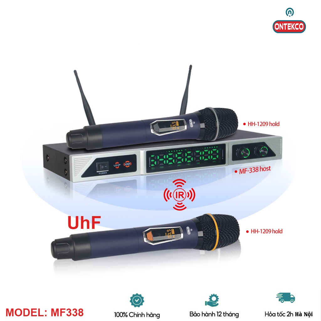 Micro không dây đầu thu ONTEKCO MF338 cao cấp dùng cho mọi loại loa kéo, amply sóng UHF thu phát xa