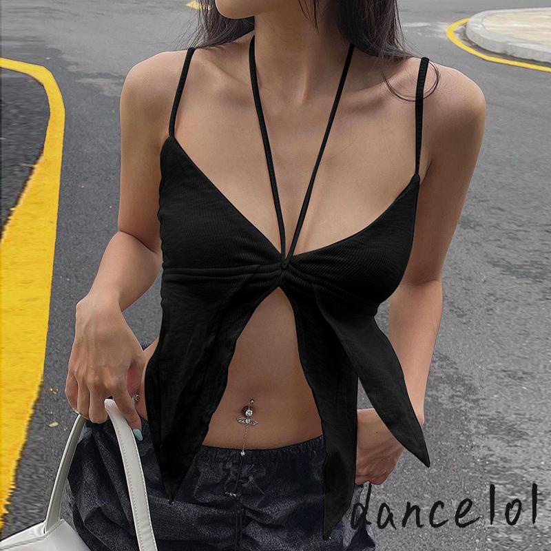 Dance1o1-Áo hai dây Hở Lưng Màu Trơn Mùa Hè Giản Dị Dành Cho Bạn Nữ