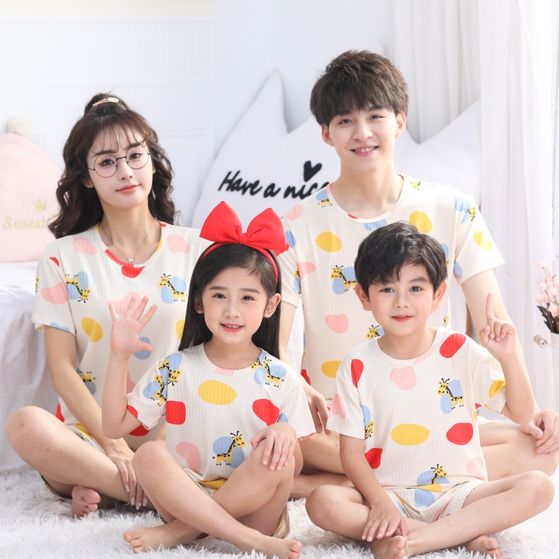 【KK】Size 100-180CM Quần áo cha mẹ và con cái, quần áo mặc nhà mùa hè trẻ em, bộ đồ sợi bông, bộ đồ ngủ mỏng bé trai và bé gái