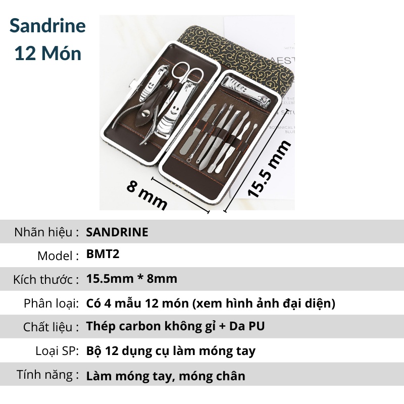 Bộ Dụng Cụ Cắt Bấm Dũa Móng Tay Móng Chân 12 Món Thép Không Gỉ Sandrine BMT2