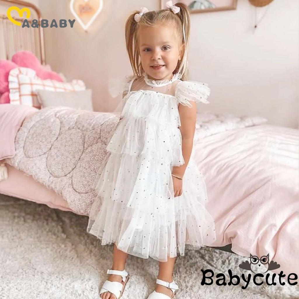 Đầm Tulle Phối Bèo Nhún In Họa Tiết Trăng Sao Đính Kim Sa Lấp Lánh Thời Trang Mùa Hè Cho Bé Gái