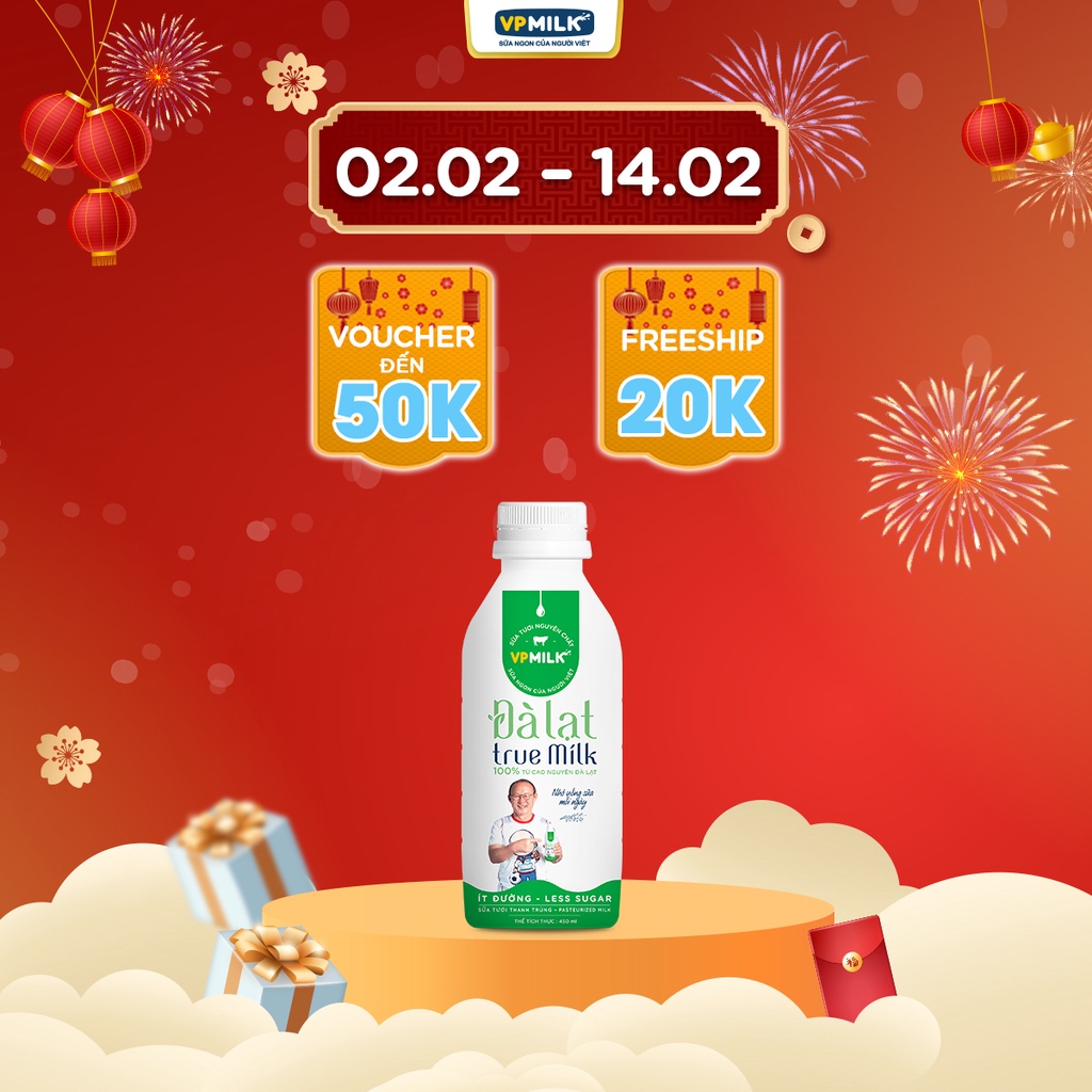 [Mã BMLT35 giảm đến 35K đơn 99K] Sữa Tươi Thanh Trùng VPMilk Đà Lạt True Milk - Ít đường Chai 450ml