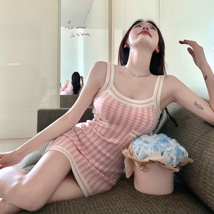 COZOK Đầm Dệt Kim Không Tay Họa Tiết Ca Rô Xinh Xắn Dành Cho Nữ