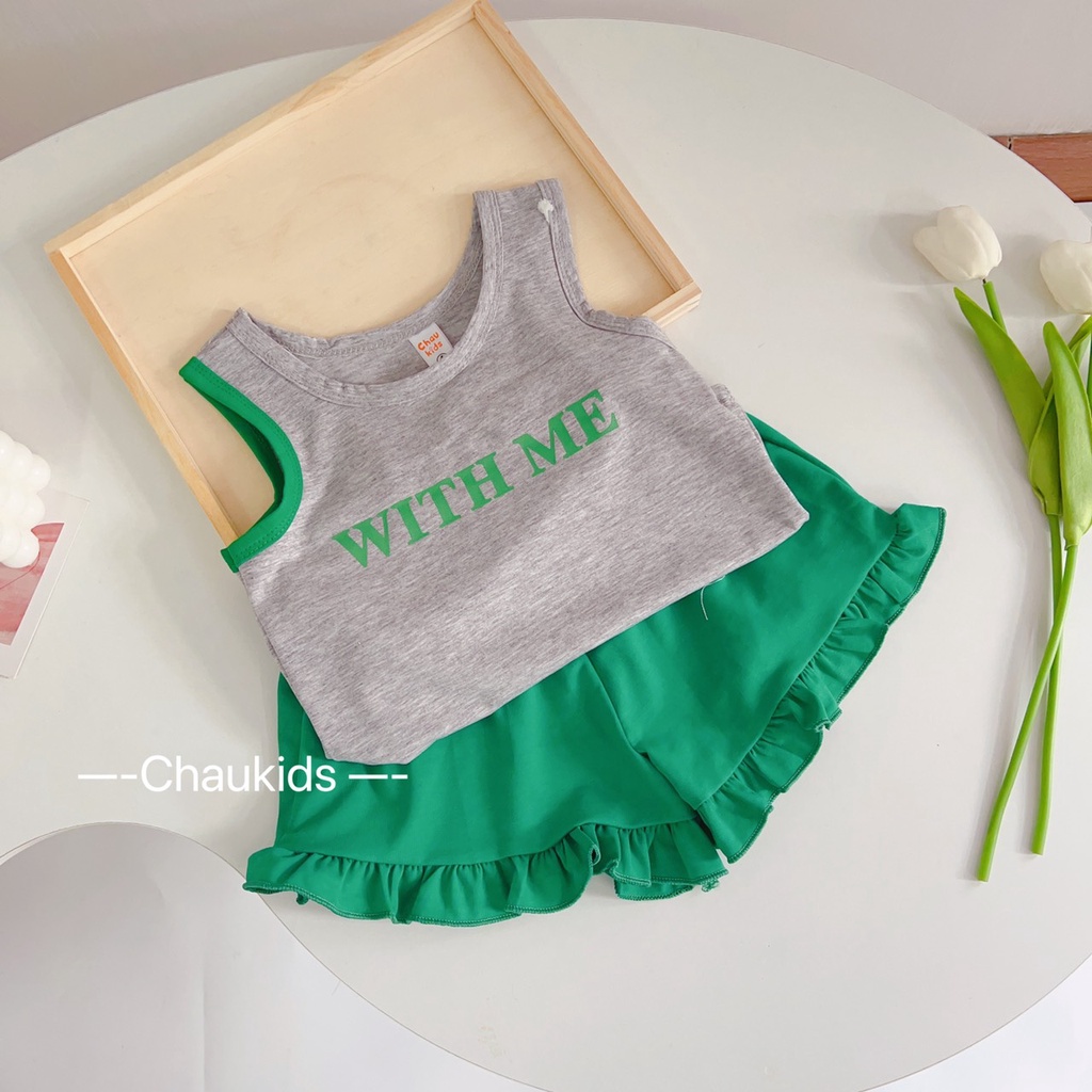 Bộ hè cho bé gái , Sét bộ áo cotton 3 lỗ With Me phối quần viền bèo siêu đẹp cho bé gái.