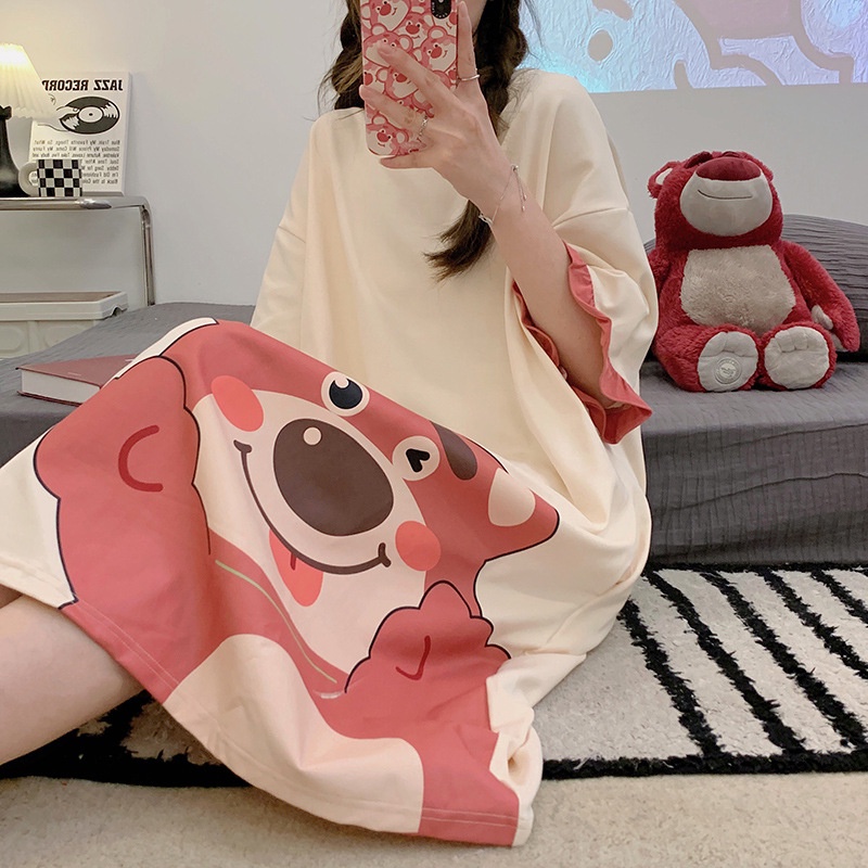 Đầm Ngủ Tay Ngắn In Họa Tiết Hoạt Hình Phong Cách Hàn Quốc Dễ Thương Thời Trang Cho Nữ La188