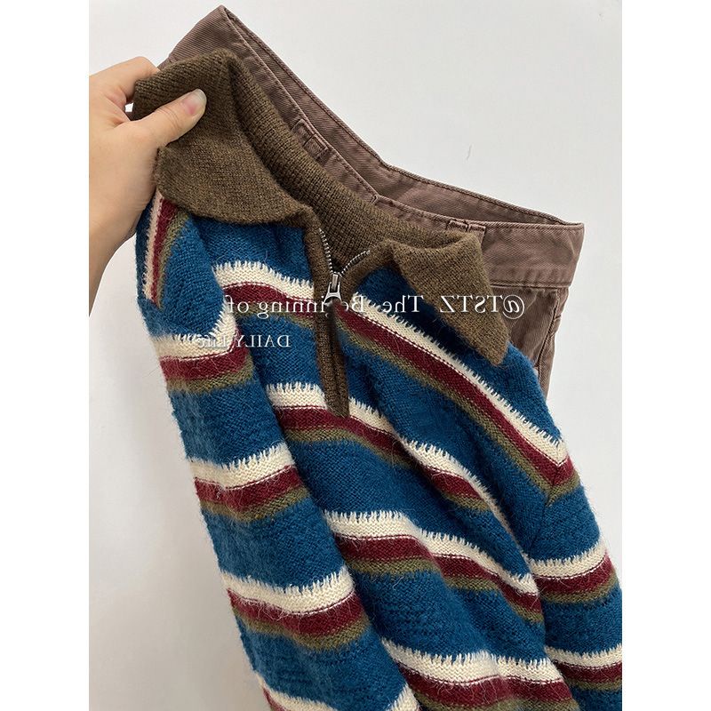 Áo Len Chui Đầu Ngắn Mỏng Có Dây Kéo Cổ Polo Màu Sắc Tương Phản Phong Cách Mới Cho Nữ