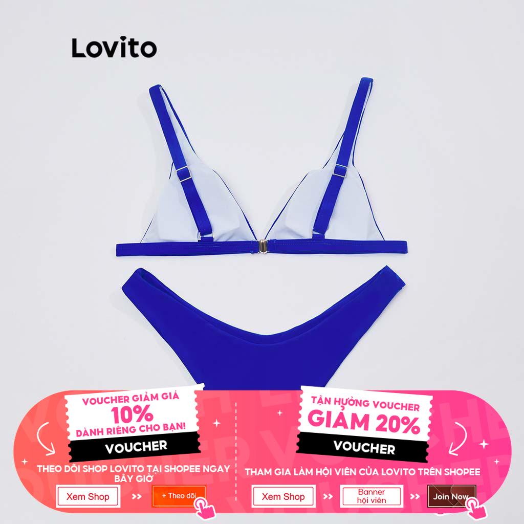 Bộ bikini Lovito cổ chữ V xẻ sâu cơ bản với miếng đệm có thể tháo rời L18X514 (Màu xanh đậm)