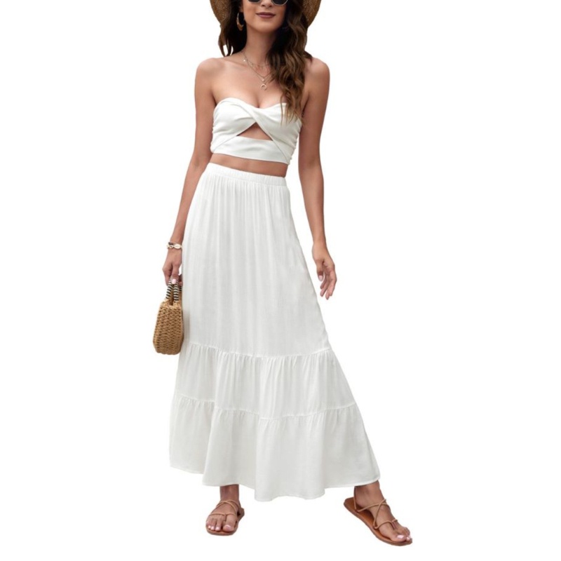 Set Đầm Maxi 2 Món Phối Bèo Nhún Thời Trang Mùa Hè Xinh Xắn Cho Nữ