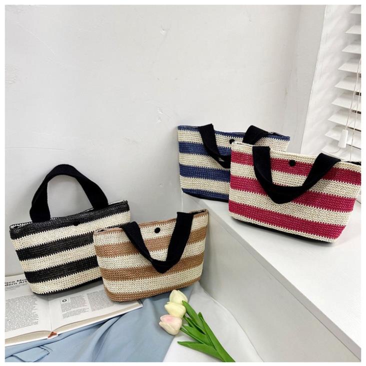 Túi Cói Đeo Chéo Họa Tiết Kẻ Sọc Đơn Giản Phong Cách Mới 2022 Cho Nữ