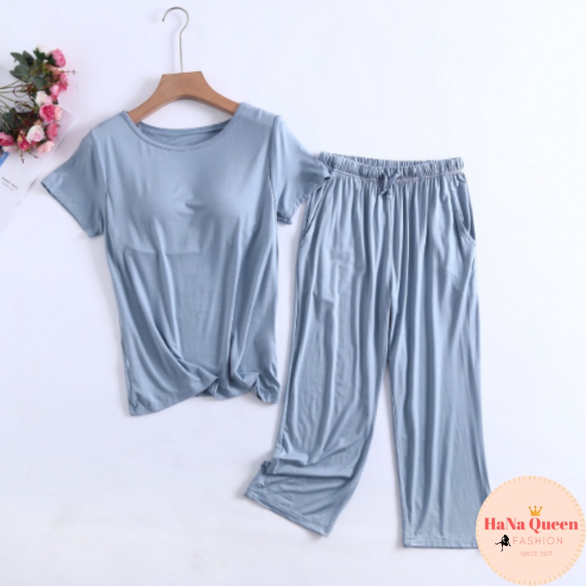 Bộ đồ mặc nhà áo cộc quần lửng kèm bra chất cotton siêu mềm mát