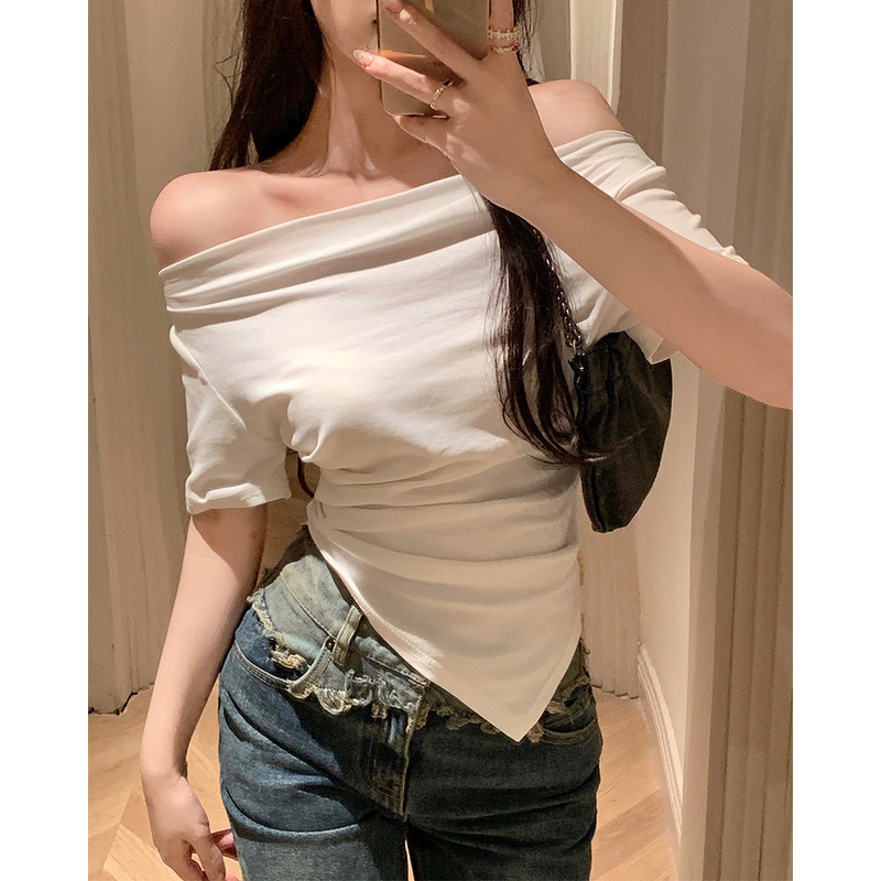 Áo Thun Hở Vai Xếp Ly Lệch Tà Kiểu Hàn Quốc Thời Trang