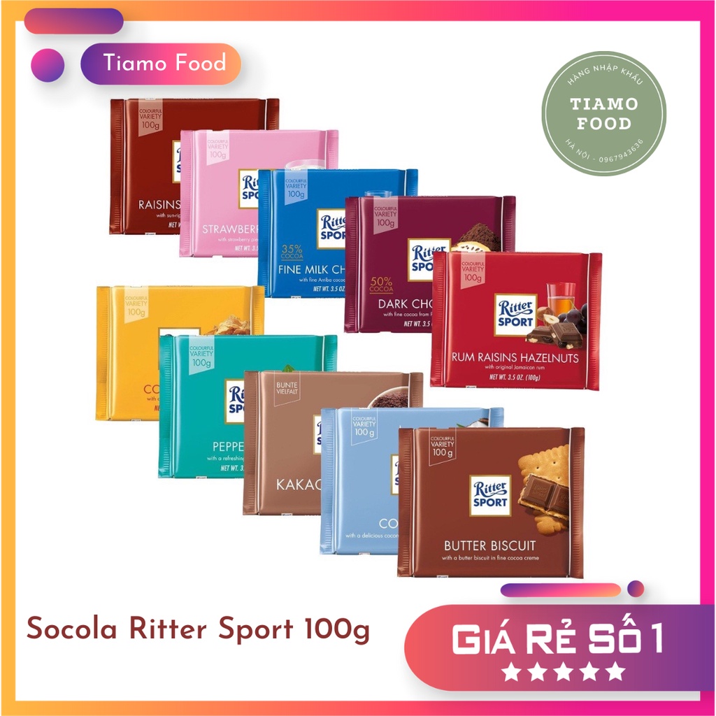 Socola Ritter Sport Đức (đủ vị )100g - Cam kết chất lượng