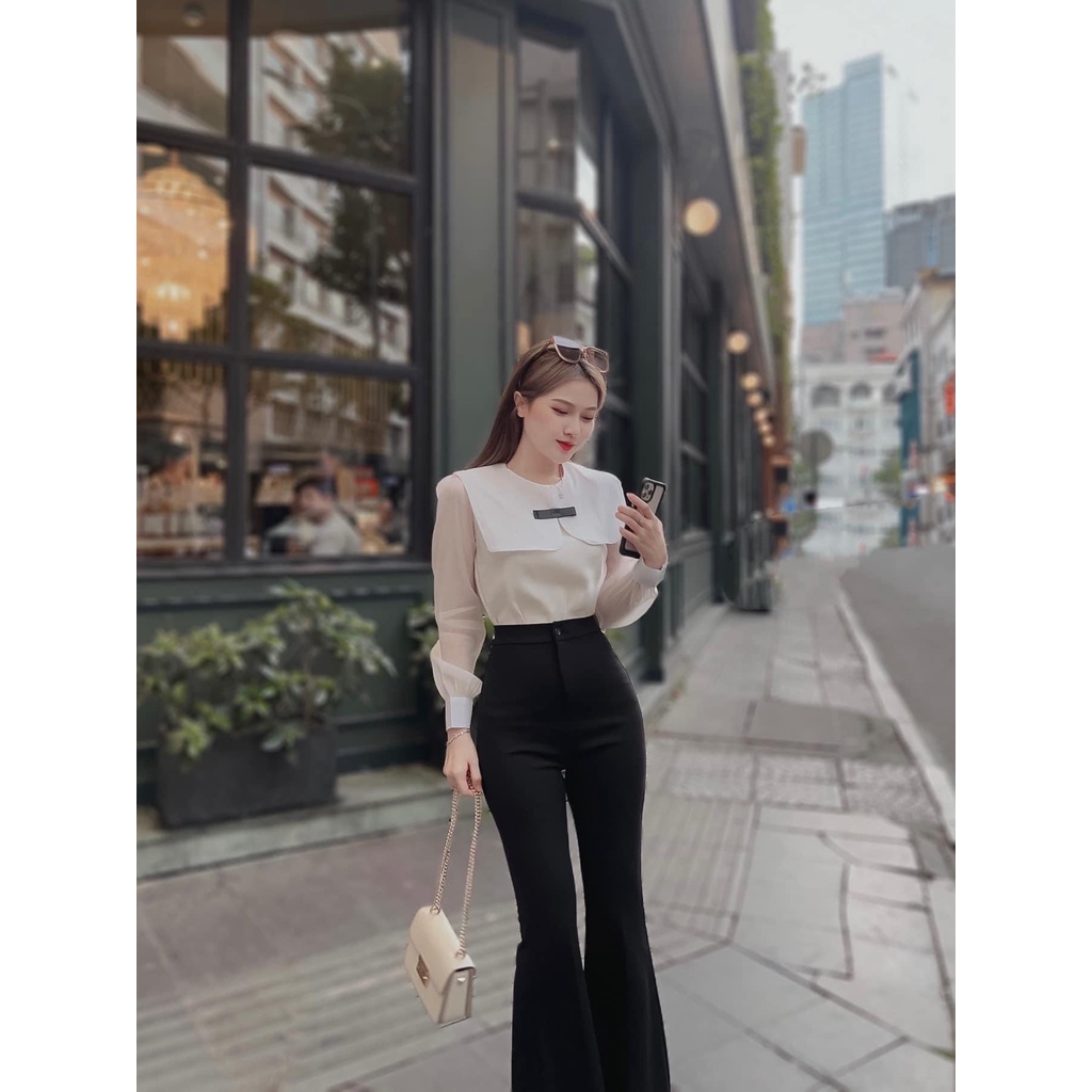 Áo sơ mi công sở tơ dài tay cổ đính nơ đen H185